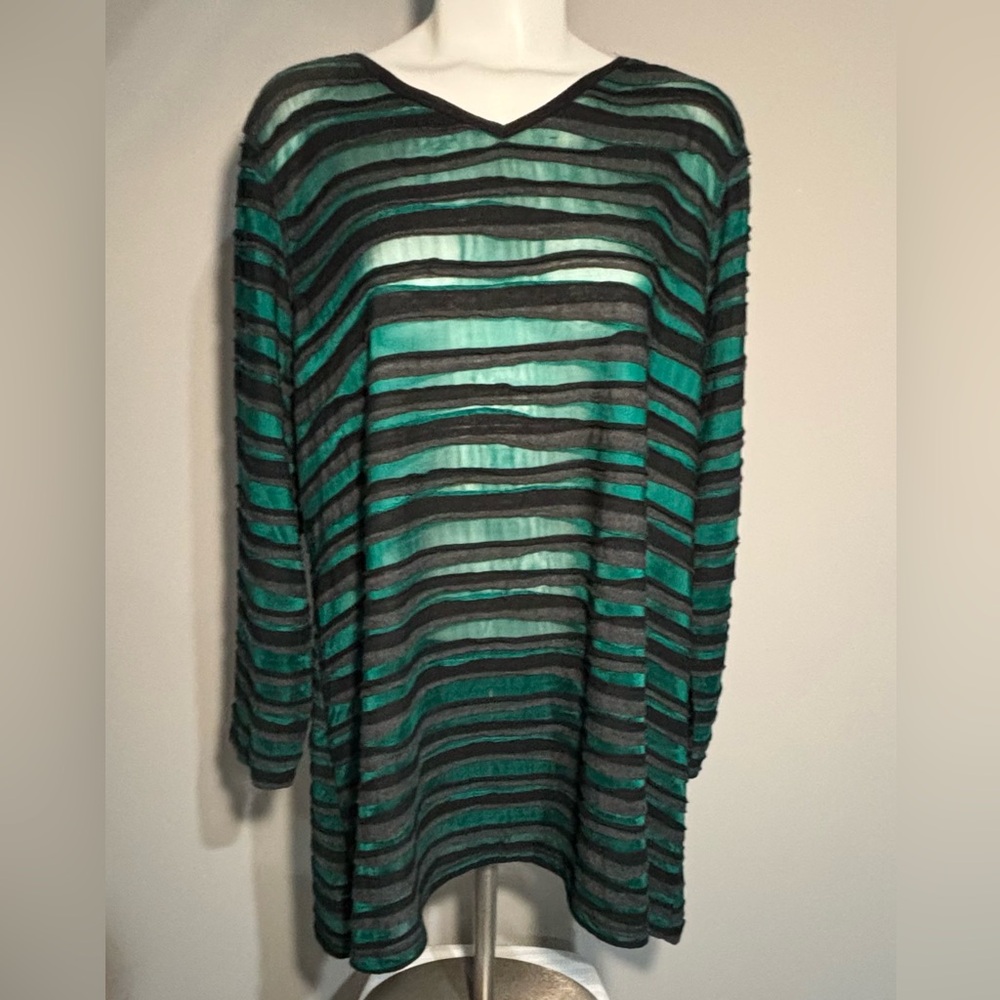 Ali Miles Women's 1X Striped Green and Black Top 3/4 Sleeves Machine Wash New